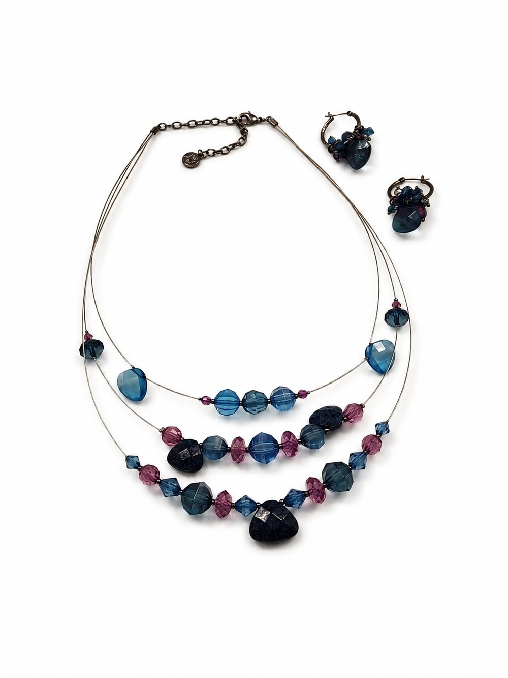 Napier Blue Purple Beaded Necklace  Matching Earrings Set Multi-Strand Statement